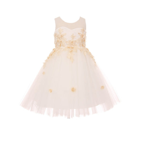 Little Girls Ivory Champagne 3D Contrast Floral Applique Flower Girl Dress 2-6 - SophiasStyle.com